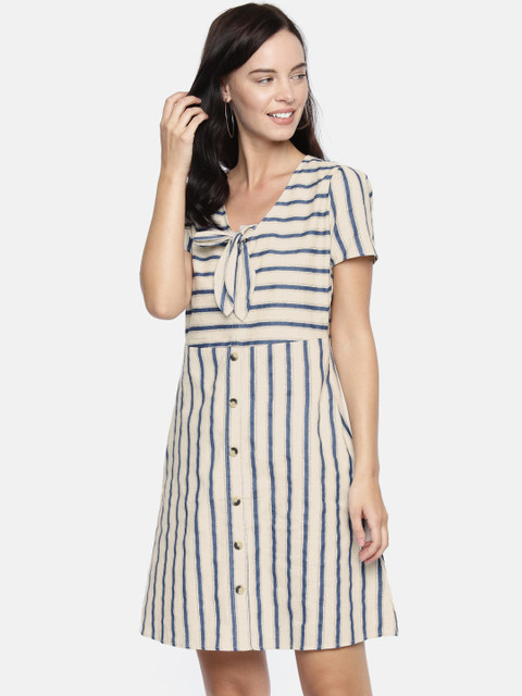 

Lee Cooper Women Off-White & Navy Blue Striped A-Line Dress