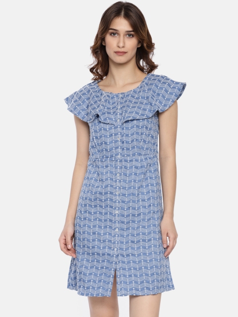

Lee Cooper Women Blue & White Self Design Fit & Flare Dress