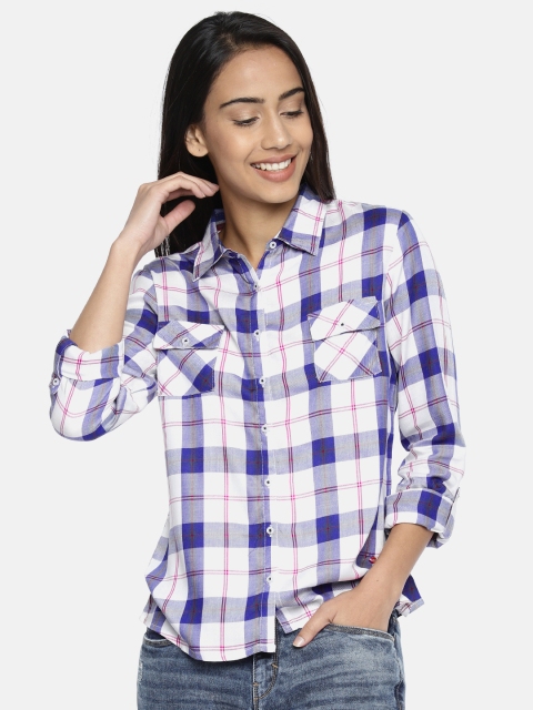 

Lee Cooper Women White & Blue Regular Fit Checked Casual Shirt