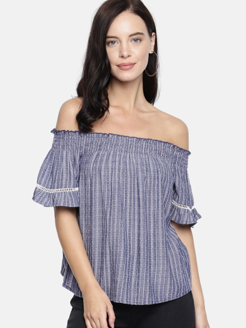 

Lee Cooper Women Blue & White Self-Striped Smocked Bardot Top