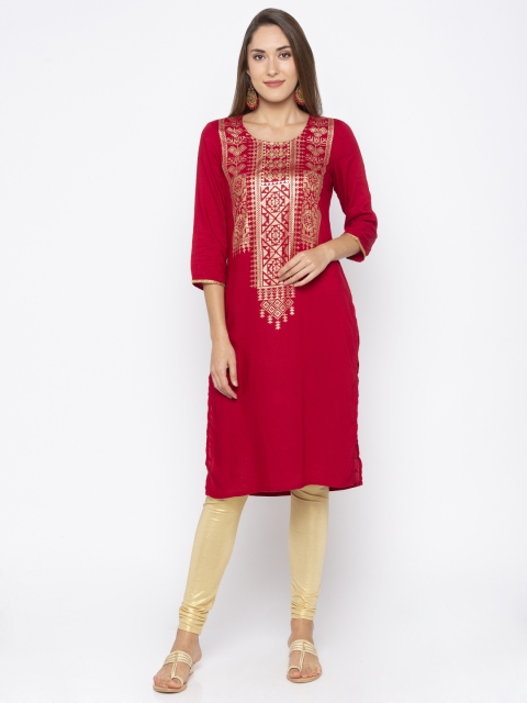 

Globus Women Maroon & Gold-Toned Printed Straight Kurta