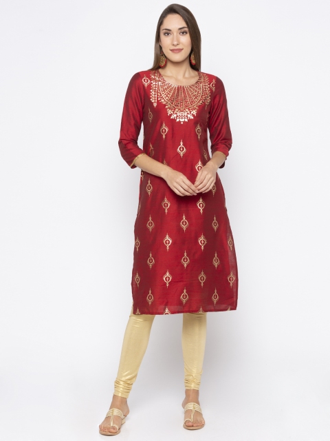 Globus Women Maroon & Gold-Toned Printed Straight Kurta