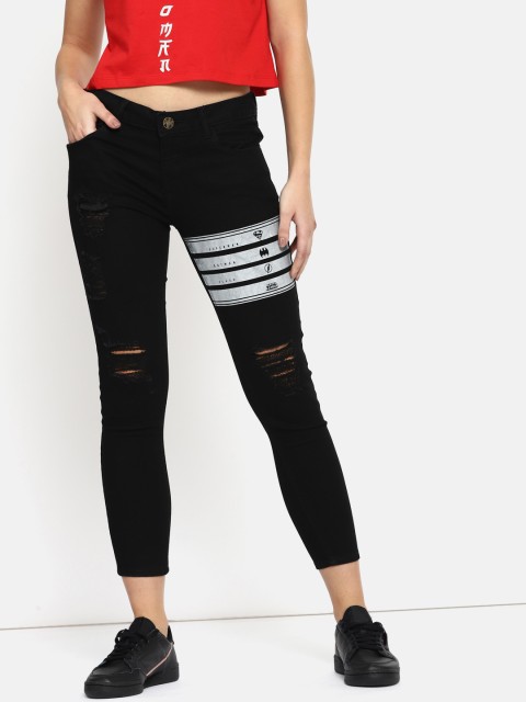 

Kook N Keech Disney Women Black Skinny Fit Mid-Rise Highly Distressed Jeans