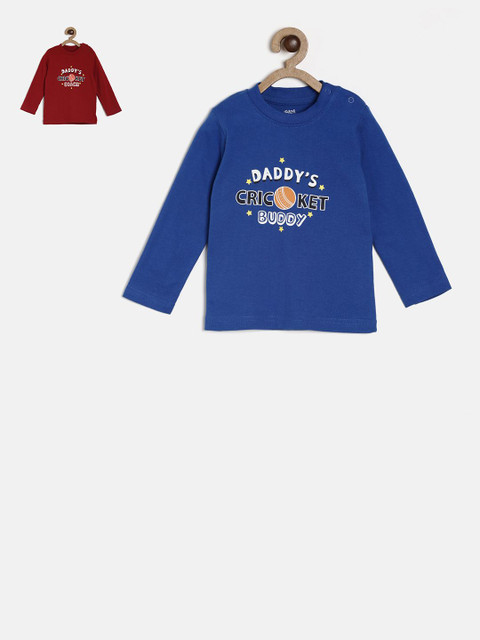 

MINI KLUB Boys Pack Of 2 Blue Maroon Printed Round Neck Pure Cotton T-shirt