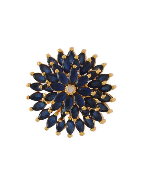 

Silvermerc Designs Women Gold-Plated & Navy-Blue Stone-Studded Flower-Shaped Adjustable Finger Ring
