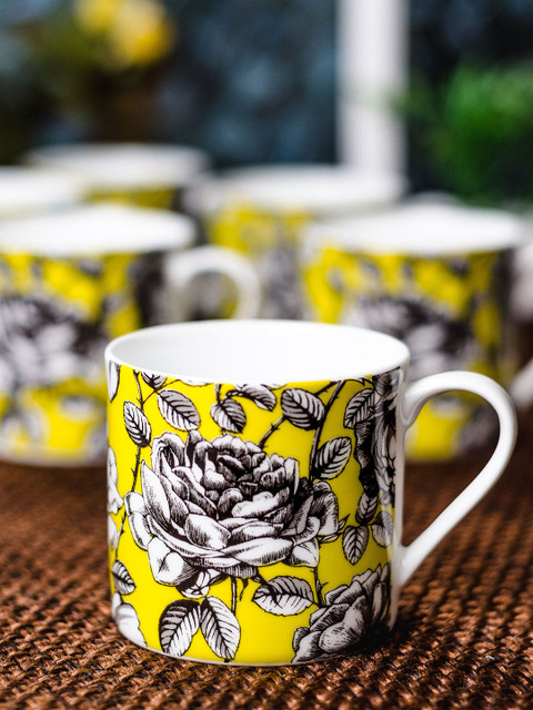 

SONAKI White & Yellow 6-Pieces Printed Bone China Cups Set