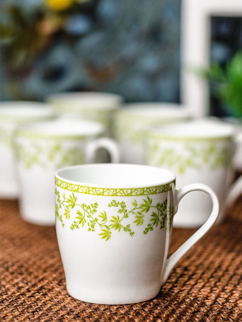 

SONAKI White & Green 6-Pieces Printed Bone China Cups Set