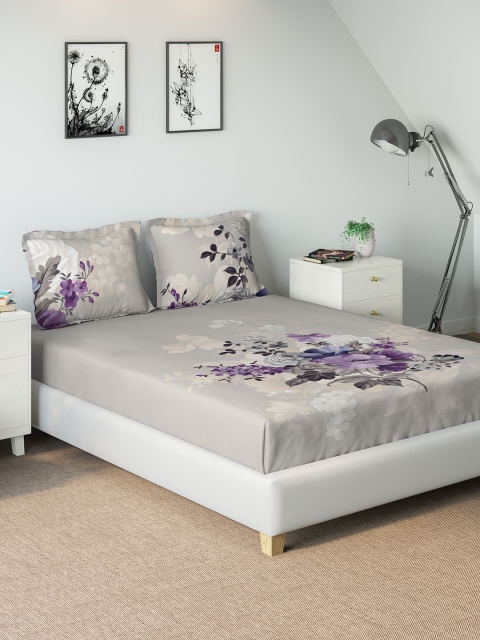 

DDecor Grey & Purple Floral 210 TC Cotton 1 King Bedsheet with 2 Pillow Covers