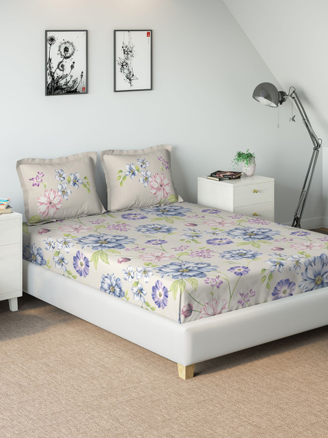 

DDecor Beige & Blue Floral 180 TC Cotton 1 King Bedsheet with 2 Pillow Covers