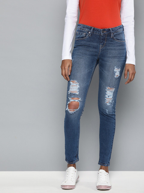 

HERE&NOW Women Blue Skinny Fit Mid-Rise Highly Distress Stretchable Jeans