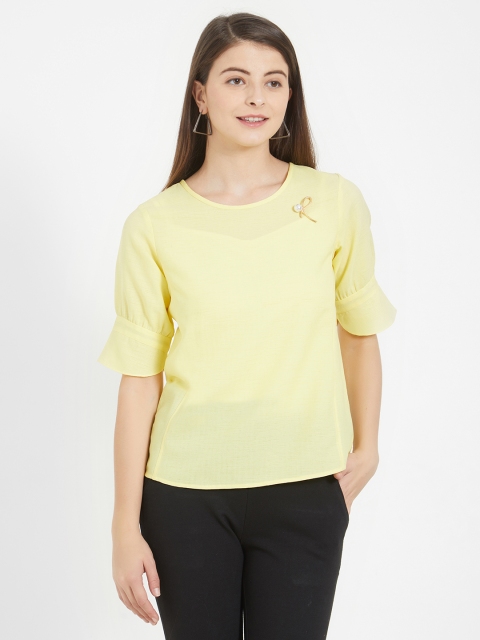 

Soie Women Yellow Solid Semi-Sheer Top