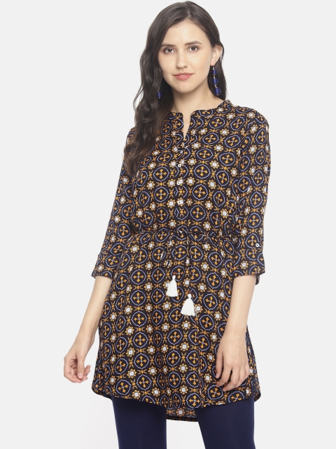 

Colour Me by Melange Women Navy Blue & Yellow Printed Straight Kurta