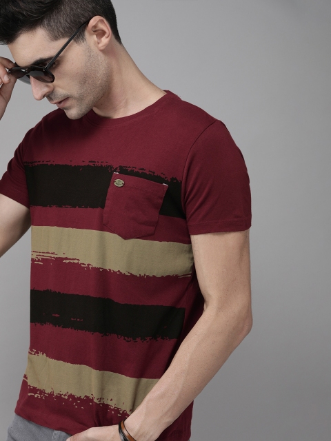 

The Roadster Lifestyle Co Men Maroon Black Striped Round Neck Pure Cotton T-shirt