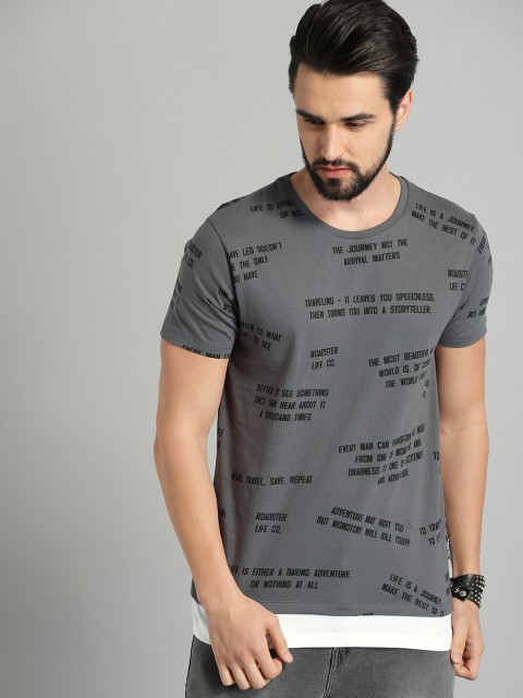 

The Roadster Lifestyle Co Men Grey Black Printed Round Neck Pure Cotton T-shirt