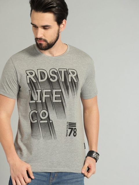 

Roadster Men Grey Melange Printed Round Neck T-shirt