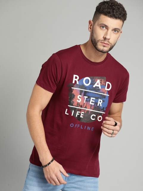 

Roadster Men Maroon Printed Round Neck T-shirt