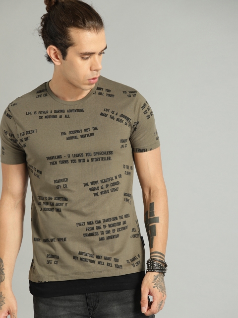 

Roadster Men Olive Green Printed Round Neck T-shirt