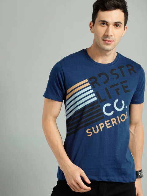 

The Roadster Lifestyle Co Men Blue Printed Round Neck Pure Cotton T-shirt