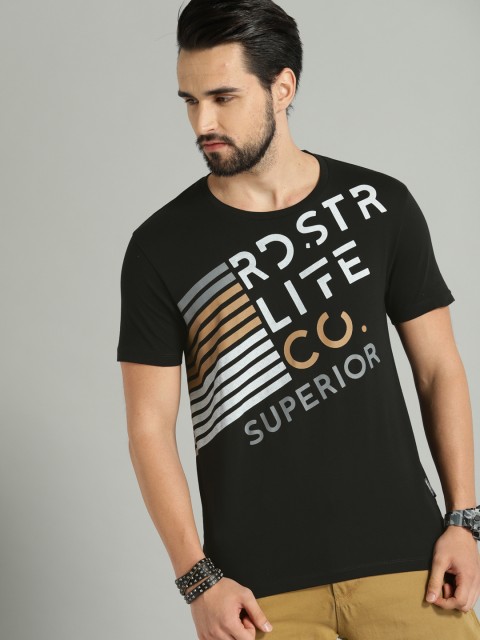 

Roadster Men Black Printed Round Neck T-shirt