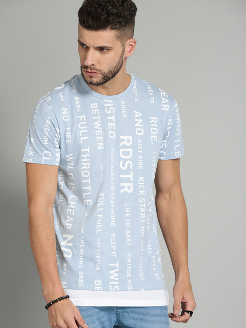 

The Roadster Lifestyle Co Men Blue White Printed Round Neck Pure Cotton T-shirt