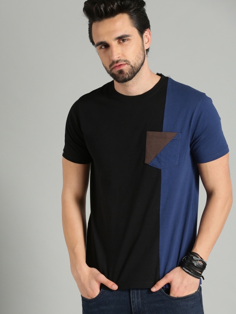 

Roadster Men Black & Navy Blue Colourblocked Round Neck T-shirt