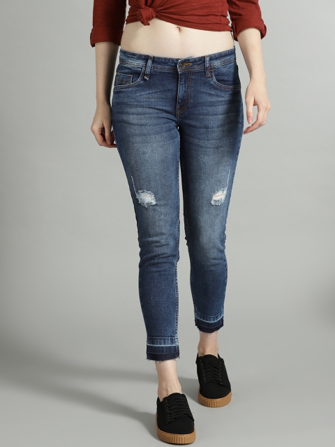 

The Roadster Lifestyle Co Women Navy Blue Skinny Fit Low Distressed Stretchable Cropped Jeans