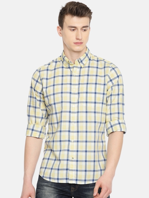 

GAP Men Yellow & Blue Checked Lived-In Stretch Poplin Shirt