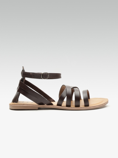 

ELLE Women Coffee Brown Leather Mid-Top Open Toe Flats