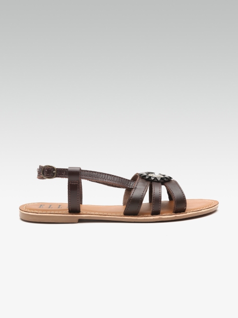 

ELLE Women Coffee Brown Embellished Leather Open Toe Flats