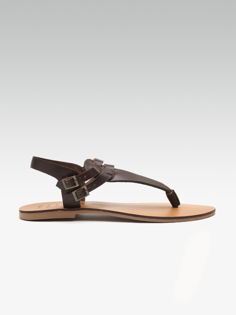

ELLE Women Coffee Brown Solid Leather T-Strap Flats