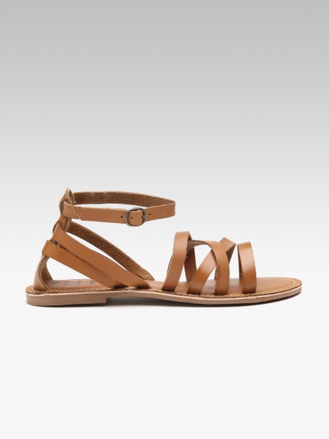 

ELLE Women Tan Brown Solid Leather Mid-Top Open Toe Flats