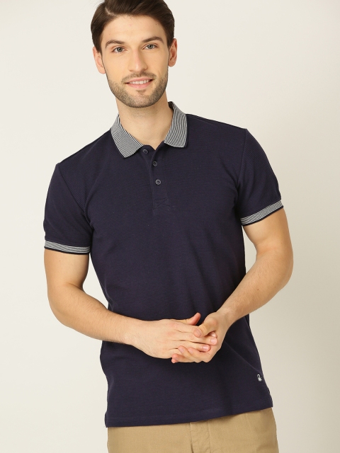 

United Colors of Benetton Men Navy Blue Self-Striped Polo Collar T-shirt