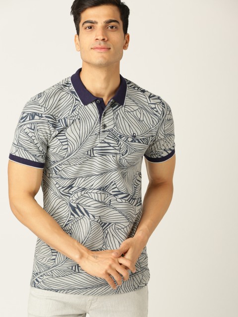 

United Colors of Benetton Men Grey Melange & Navy Printed Polo Collar T-shirt