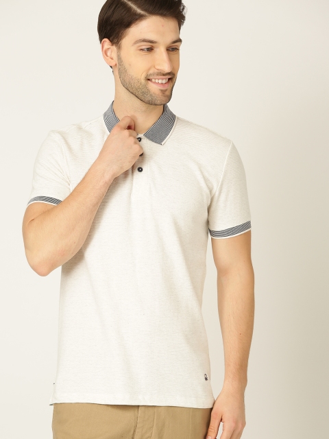 

United Colors of Benetton Men Off-White Self-Striped Polo Collar T-shirt