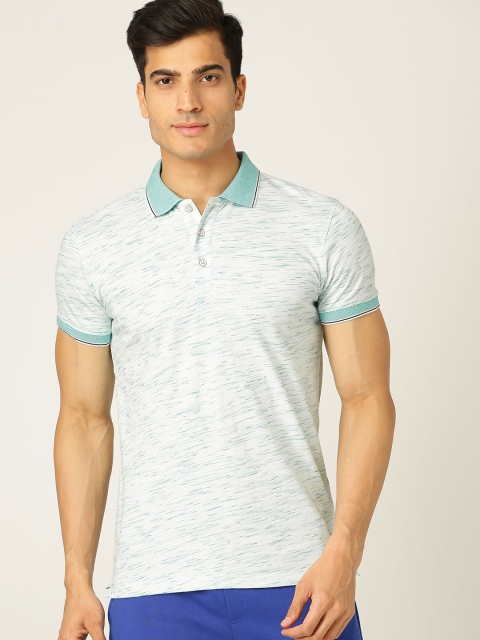 

United Colors of Benetton Men White & Sea Green Self Design Polo Collar T-shirt