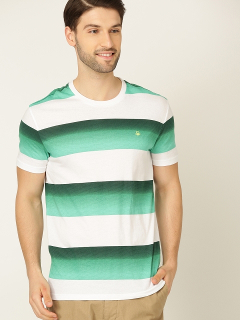 

United Colors of Benetton Men White & Green Striped Round Neck T-shirt