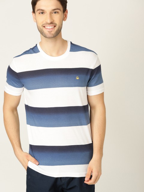 

United Colors of Benetton Men Navy Blue & White Striped Round Neck T-shirt
