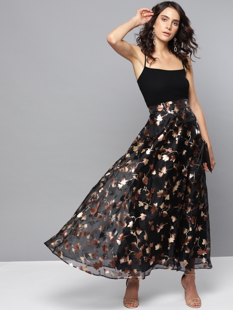 

Orchid Blues Women Black & Golden Printed Maxi Skirt