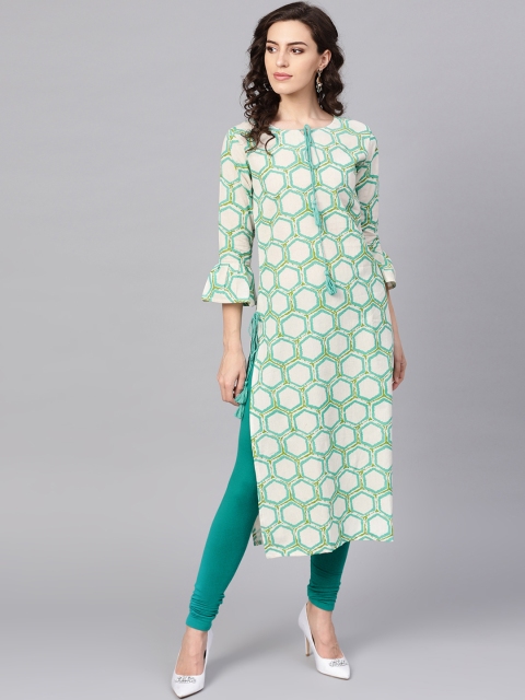 

AHIKA Women Off-White & Green Printed Straight Kurta