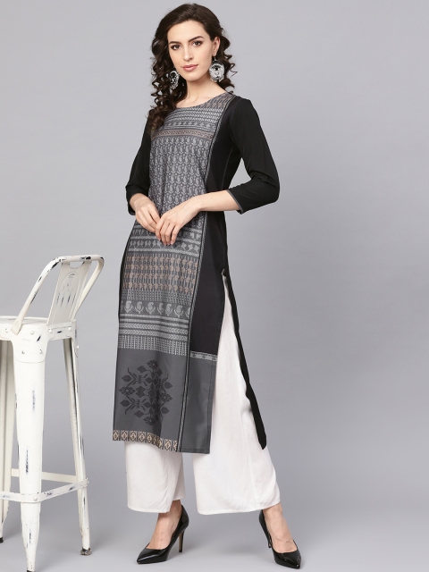 

AHIKA Women Black & Grey Printed Straight Kurta