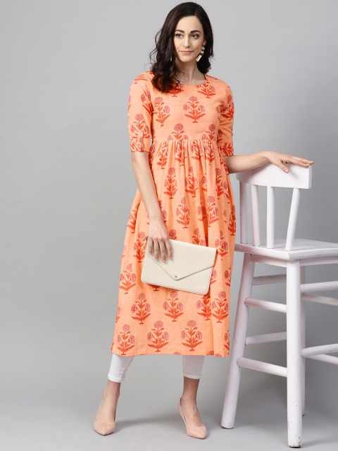 

AHIKA Women Peach-Coloured Printed A-Line Kurta