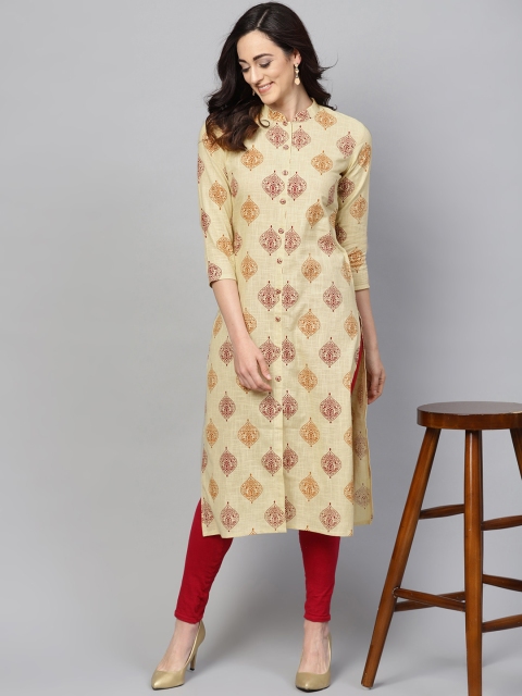 

AHIKA Women Cream-Coloured & Maroon Printed Straight Kurta