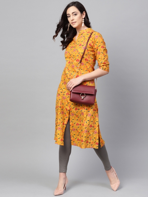 

AHIKA Women Mustard Yellow & Pink Printed A-Line Kurta
