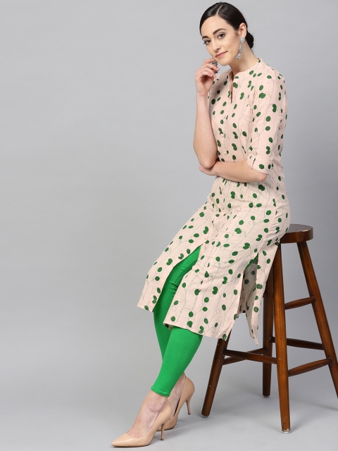 

AHIKA Women Beige & Green Printed A-Line Kurta