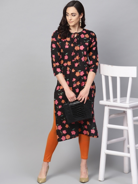 

AHIKA Women Black & Pink Printed Straight Kurta