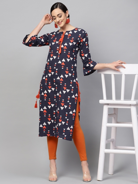 

AHIKA Women Navy Blue & Coral Orange Printed Straight Kurta