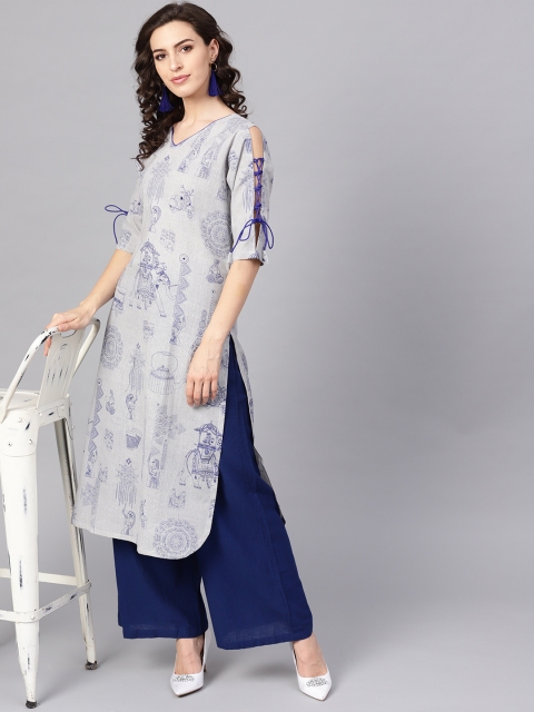 

AHIKA Women Grey & Navy Blue Printed Straight Kurta