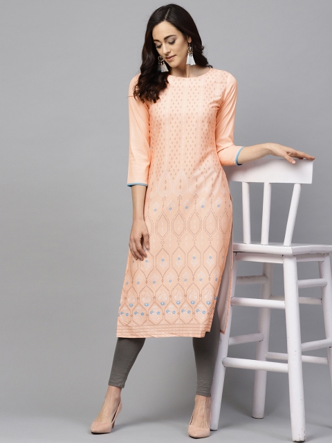 

AHIKA Women Peach-Coloured Printed Straight Kurta