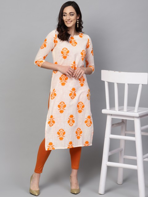 

AHIKA Women Off-White & Orange Printed Straight Kurta
