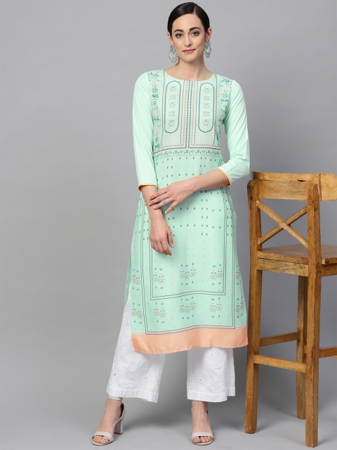 

AHIKA Women Sea Green & Peach-Coloured Printed Straight Kurta